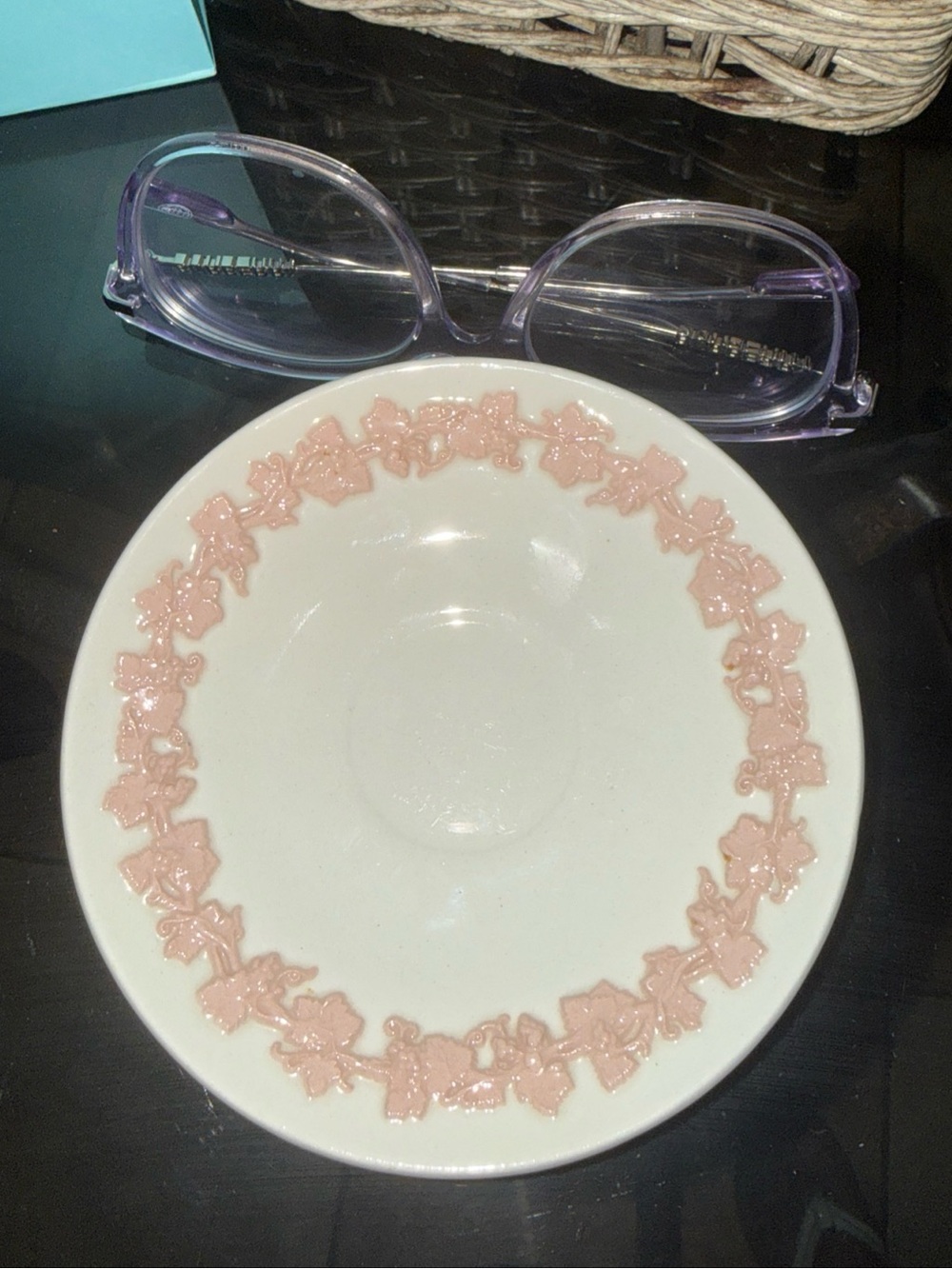 VINTAGE WEDGWOOD EMBOSSED PINK ON CREAM QUEENSWARE SAUCER